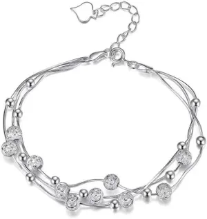 Pingyongchang Sterling Silver Beads Link Bracelets Layered Adjustable Bracelets Charm Jewelry Gift for Women Girls