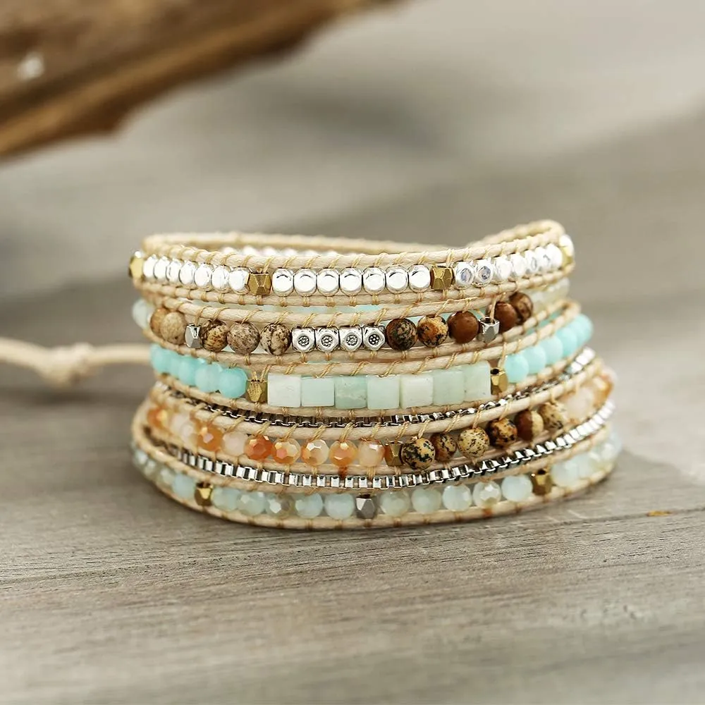 Plumiss Women Boho Handmade Natural Stone Crystal Leather Bead Wrap Bracelets Collection
