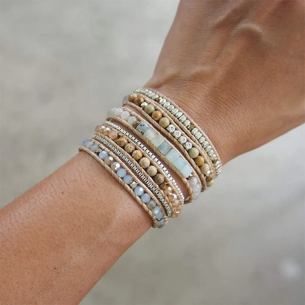 Plumiss Women Boho Handmade Natural Stone Crystal Leather Bead Wrap Bracelets Collection