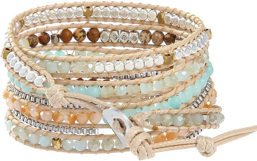 Plumiss Women Boho Handmade Natural Stone Crystal Leather Bead Wrap Bracelets Collection