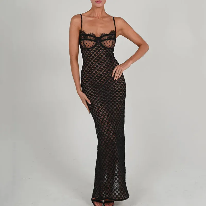 Pmystyle - Sexy Sheer Evening Party Black Bodycon Lace Dress for Women 2024