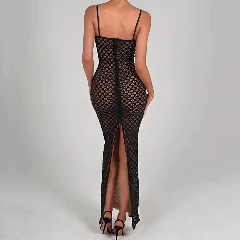 Pmystyle - Sexy Sheer Evening Party Black Bodycon Lace Dress for Women 2024
