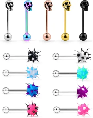 Prjndjw 14G Tongue Rings 13Pcs Surgical Steel Tongue Rings Skull Tongue Rings Koosh Spiky Tongue Rings Silicone Soft Spike Ball Tongue Piercing Jewelry Women Men