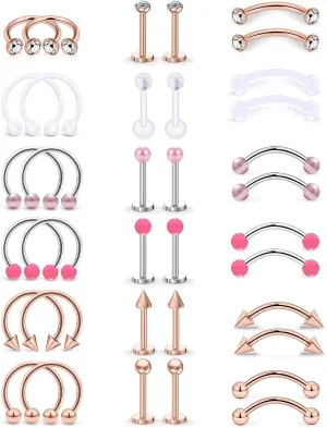 Prjndjw 16G Lip Rings 316 L Stainless Steel Helix Earrings Cartilage Earring Nose Septum Rings Eyebrow Piercing Jewelry Earring Studs for Women 18 Pairs Lip Studs Labret Monroe Lip Rings