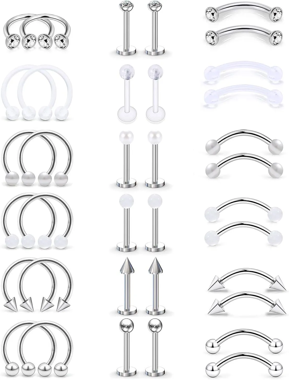 Prjndjw 16G Lip Rings 316 L Stainless Steel Helix Earrings Cartilage Earring Nose Septum Rings Eyebrow Piercing Jewelry Earring Studs for Women 18 Pairs Lip Studs Labret Monroe Lip Rings