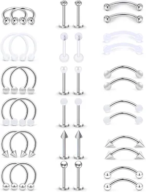 Prjndjw 16G Lip Rings 316 L Stainless Steel Helix Earrings Cartilage Earring Nose Septum Rings Eyebrow Piercing Jewelry Earring Studs for Women 18 Pairs Lip Studs Labret Monroe Lip Rings