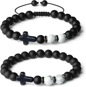 QINJIEJIE 2022 Cool Couples bracelets friendship bracelets Crystals Cross Mens Bracelet Tiger Eye Matte Agate Beads Bracelets Drawstring and Elastic 2 Pcs Set Green Malachite   Hematite