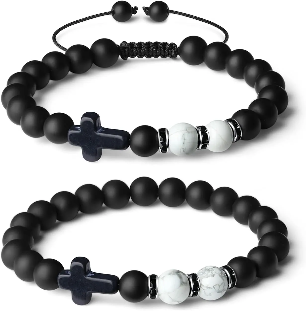 QINJIEJIE 2022 Cool Couples bracelets friendship bracelets Crystals Cross Mens Bracelet Tiger Eye Matte Agate Beads Bracelets Drawstring and Elastic 2 Pcs Set Green Malachite   Hematite
