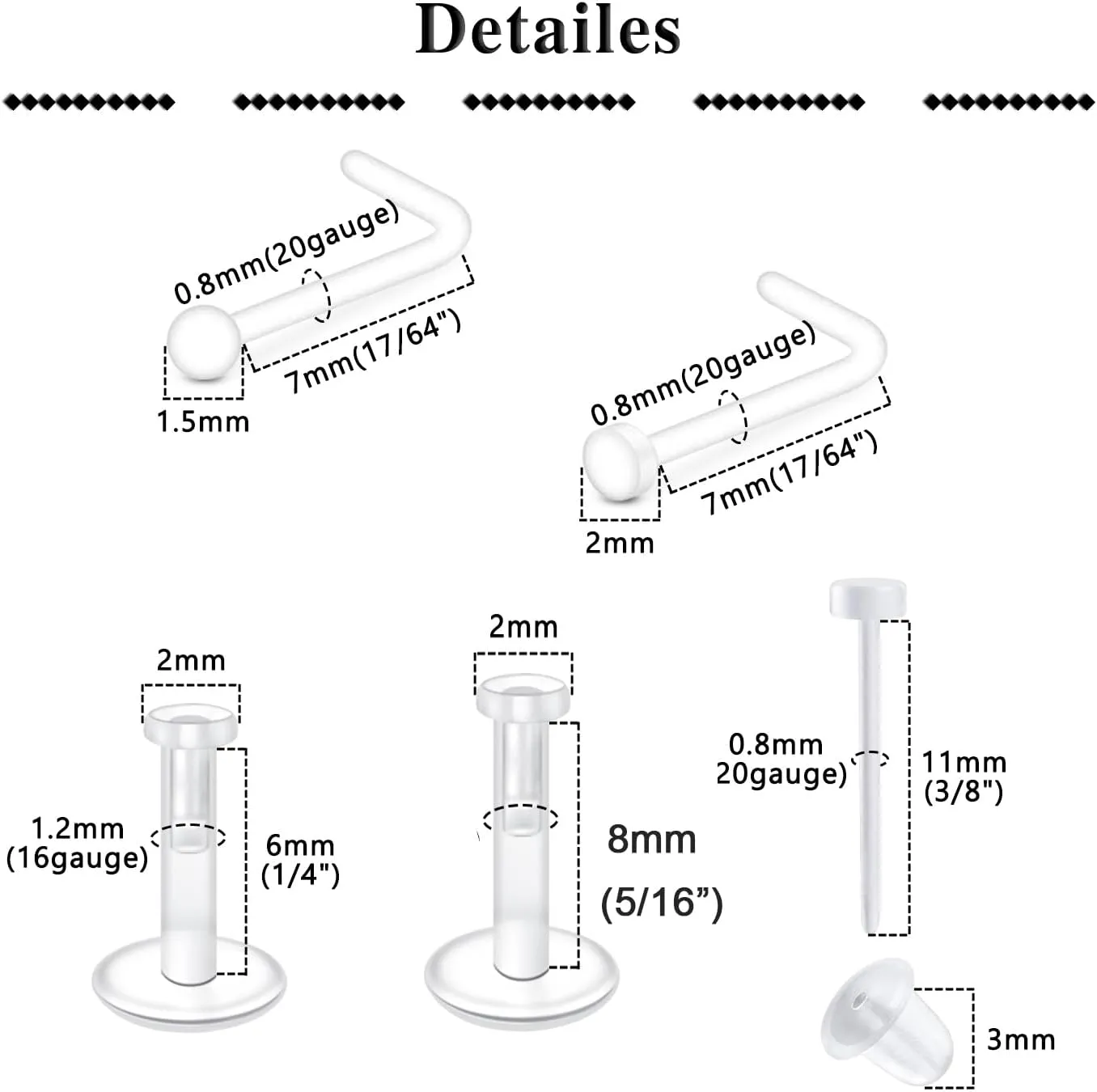QWALIT 20g 18g Clear Nose Studs for Work Clear Nose Rings for Work Clear Nose Piercing Plastic Nose Rings for Surgery Invisible Nose Ring Retainer Clear Nose Ring Spacers Nose Retainers