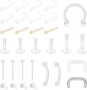 QWALIT Clear Nose Rings Studs L Shape Piercing Retainer Flexible Nose Bone Flesh Skin Color Nostril Piercing Retainer for Work 18g 20g Flat Top