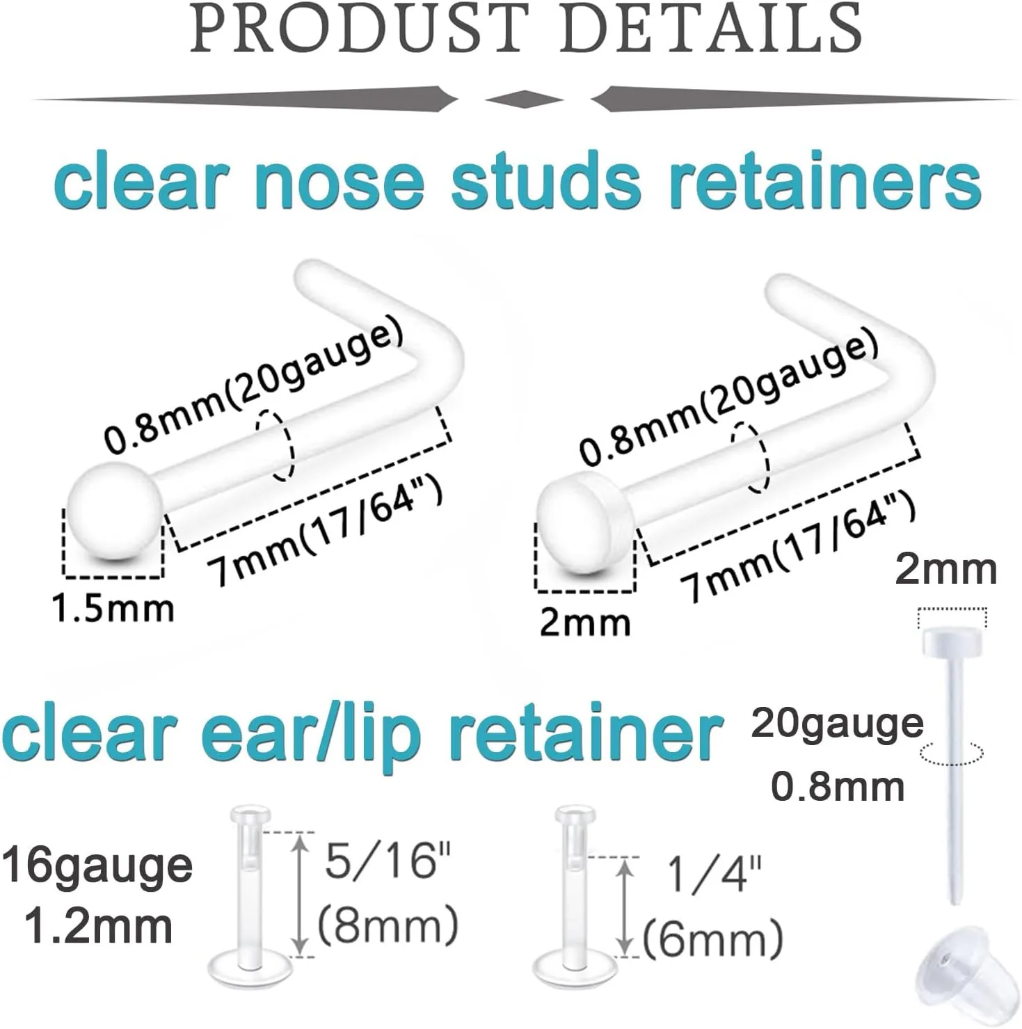 QWALIT Clear Nose Studs for Work Clear Nose Rings for Work Clear Nose Piercing Plastic Nose Rings for Surgery Invisible Nose Retainer Clear Cartilage Earring Clear Earrings for Sports Septum Retainer