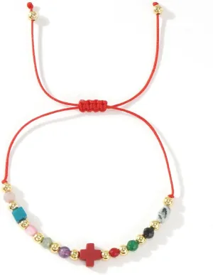 Red String Christian Cross Beaded Bracelets for Women Men Protection,Adjustable Gemstone Crystal Gold Beads Minimalist Jewelry Friendship Gift