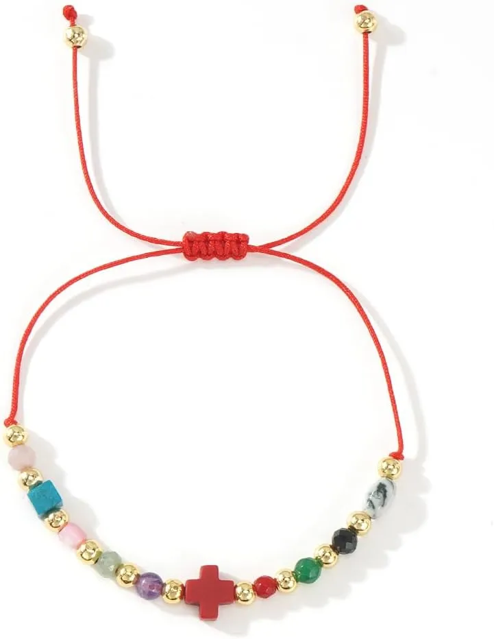 Red String Christian Cross Beaded Bracelets for Women Men Protection,Adjustable Gemstone Crystal Gold Beads Minimalist Jewelry Friendship Gift