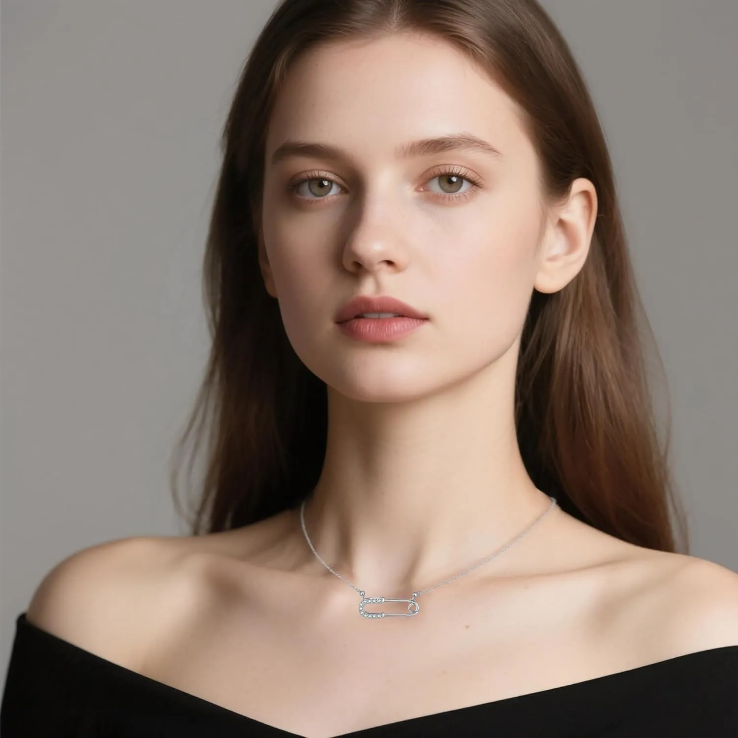 Reffeer Solid 925 Sterling Silver Safety Pin Choker Necklace for Women Teens Paper Clip Pendant Necklace CZ Pin Necklace