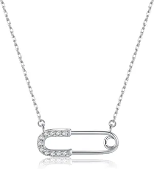 Reffeer Solid 925 Sterling Silver Safety Pin Choker Necklace for Women Teens Paper Clip Pendant Necklace CZ Pin Necklace