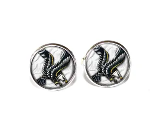 Retro Tattoo Eagle Patriotism Handmade ROUND Glass Metal Cuff LInks Cufflinks Gift for Him (Silver Plated)