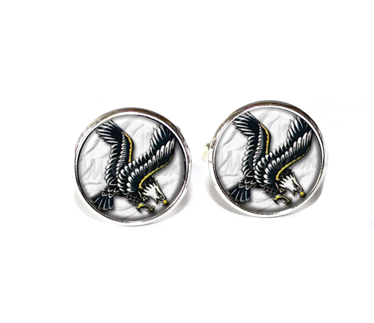 Retro Tattoo Eagle Patriotism Handmade ROUND Glass Metal Cuff LInks Cufflinks Gift for Him (Silver Plated)