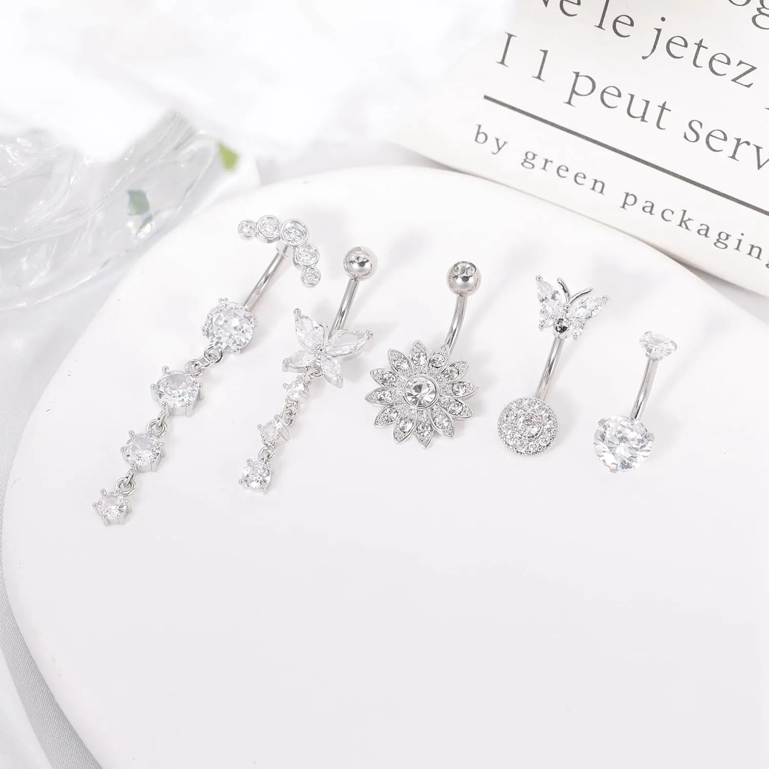 REVOLIA 5Pcs 14G Belly Button Ring for Women Dangling Belly Rings Curved Navel Ring Flower Butterfly Body Piercing Jewelry