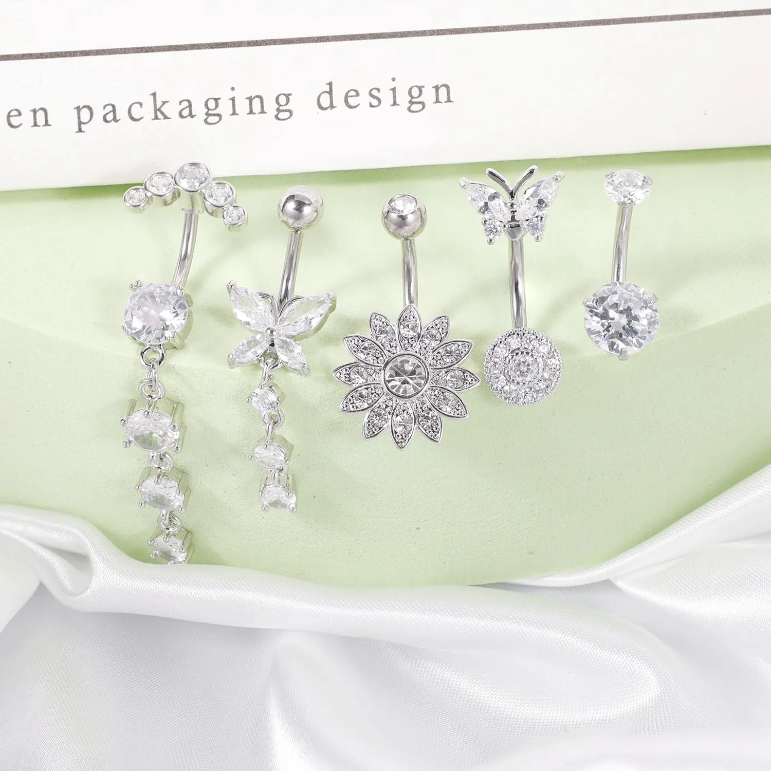 REVOLIA 5Pcs 14G Belly Button Ring for Women Dangling Belly Rings Curved Navel Ring Flower Butterfly Body Piercing Jewelry