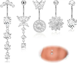 REVOLIA 5Pcs 14G Belly Button Ring for Women Dangling Belly Rings Curved Navel Ring Flower Butterfly Body Piercing Jewelry