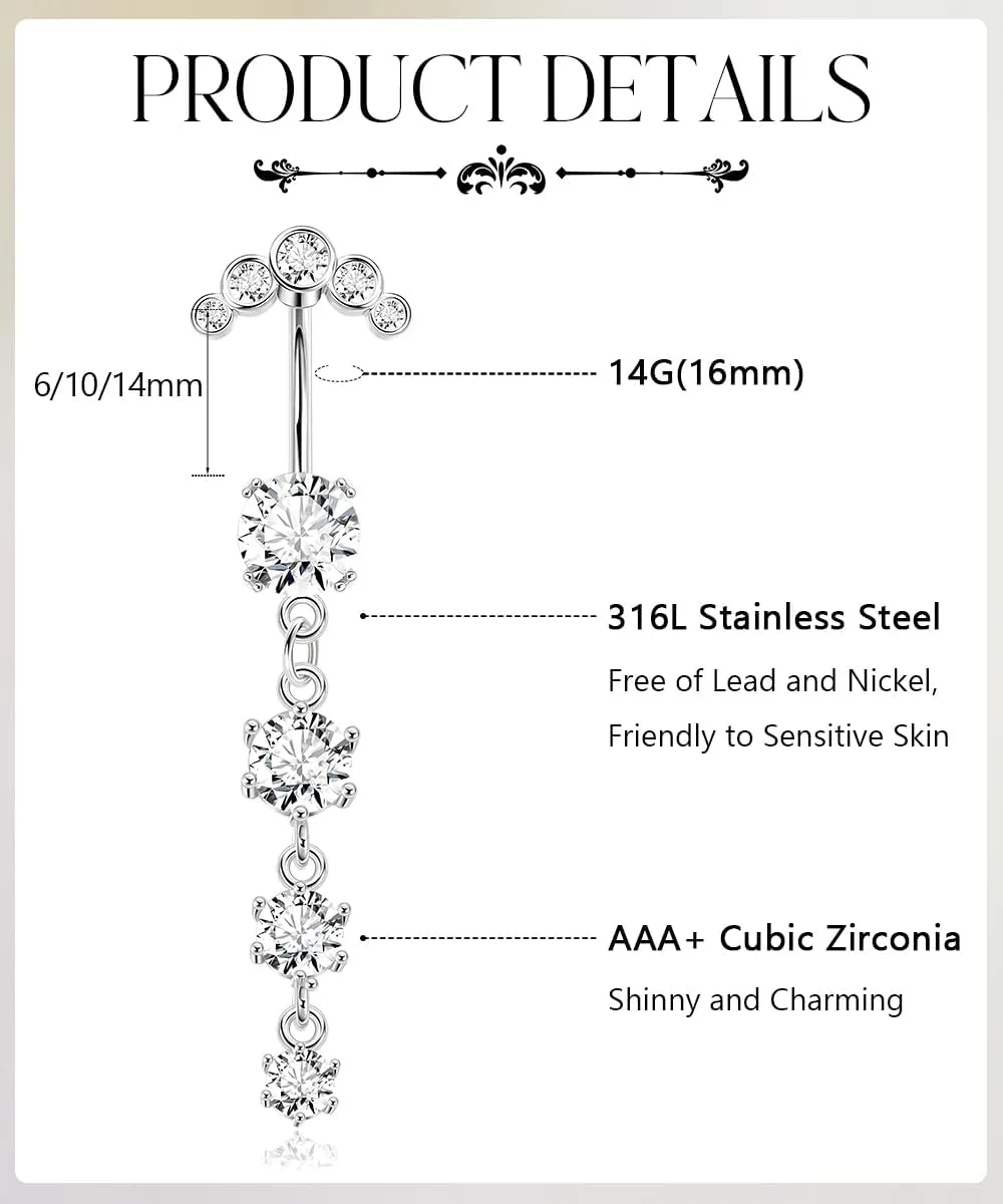 REVOLIA 5Pcs 14G Belly Button Ring for Women Dangling Belly Rings Curved Navel Ring Flower Butterfly Body Piercing Jewelry