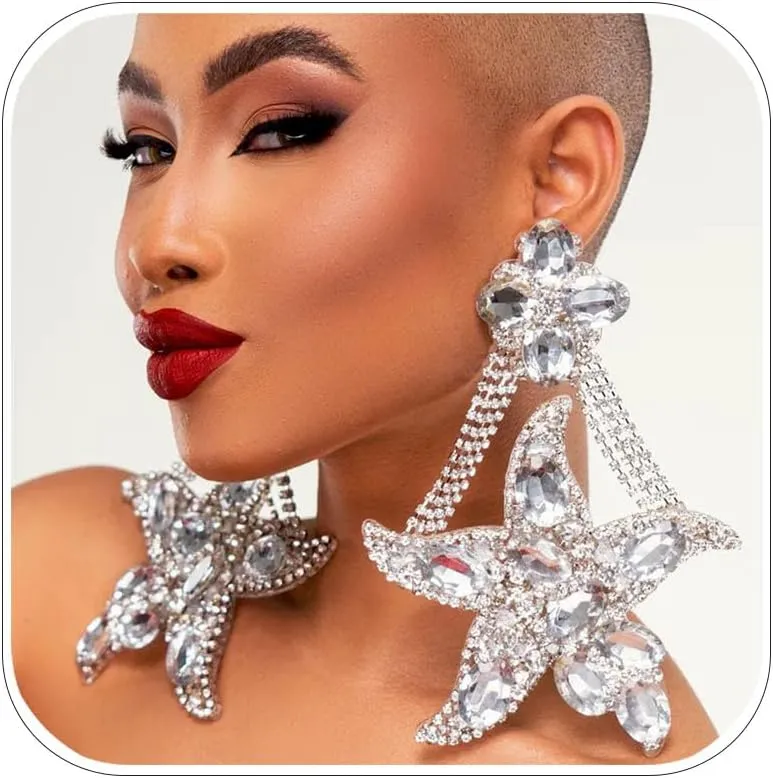 Rhinestone Starfish Drag Queen Earrings Oversized Silver Large Crystal Statement Earrings Costume Jewelry