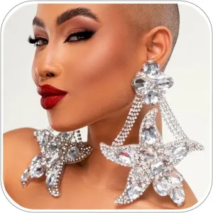 Rhinestone Starfish Drag Queen Earrings Oversized Silver Large Crystal Statement Earrings Costume Jewelry