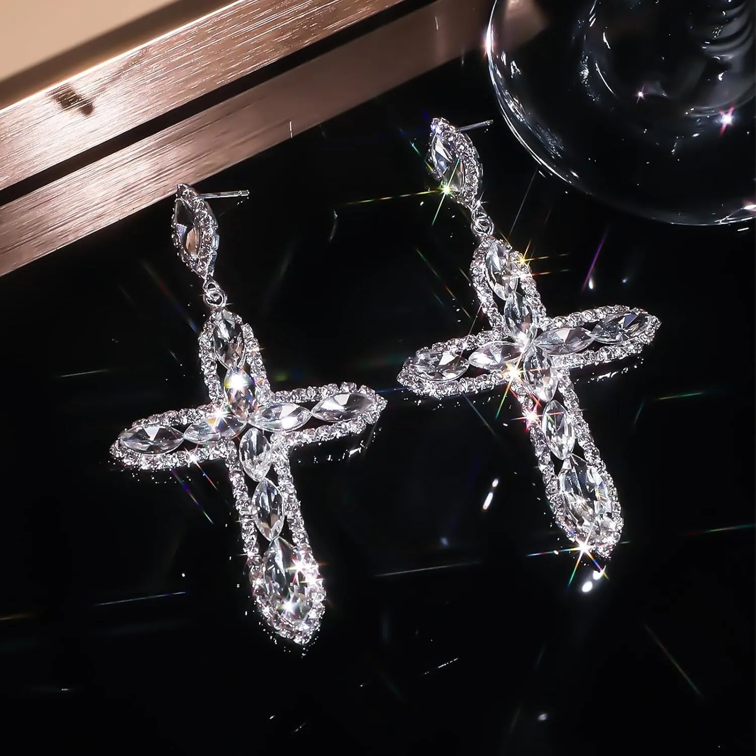Rhinsetone Cross Earrings for Women Silver Sparkle Cross Earrings Dangle CZ Gothic Prom Earring First Communion Jewelry Gifts