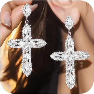 Rhinsetone Cross Earrings for Women Silver Sparkle Cross Earrings Dangle CZ Gothic Prom Earring First Communion Jewelry Gifts