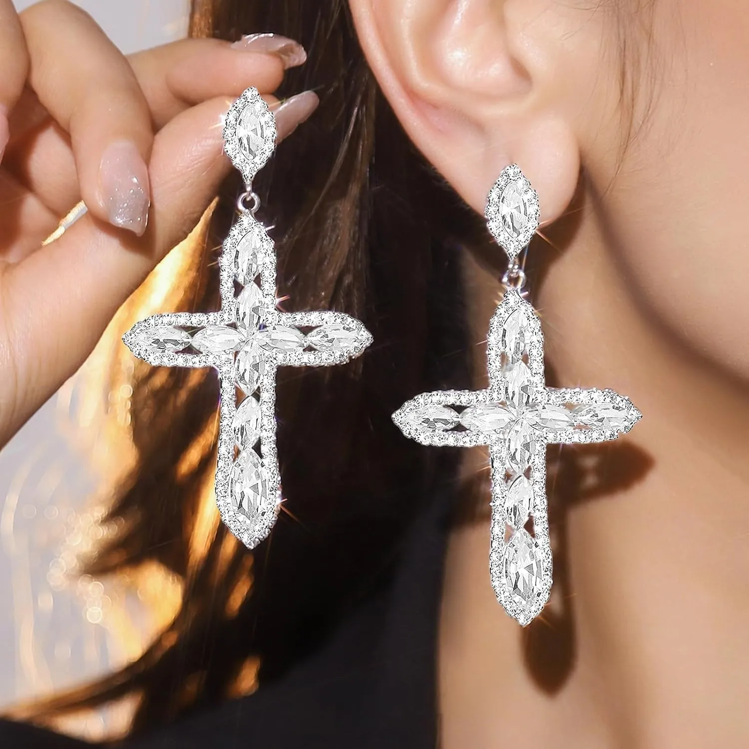 Rhinsetone Cross Earrings for Women Silver Sparkle Cross Earrings Dangle CZ Gothic Prom Earring First Communion Jewelry Gifts