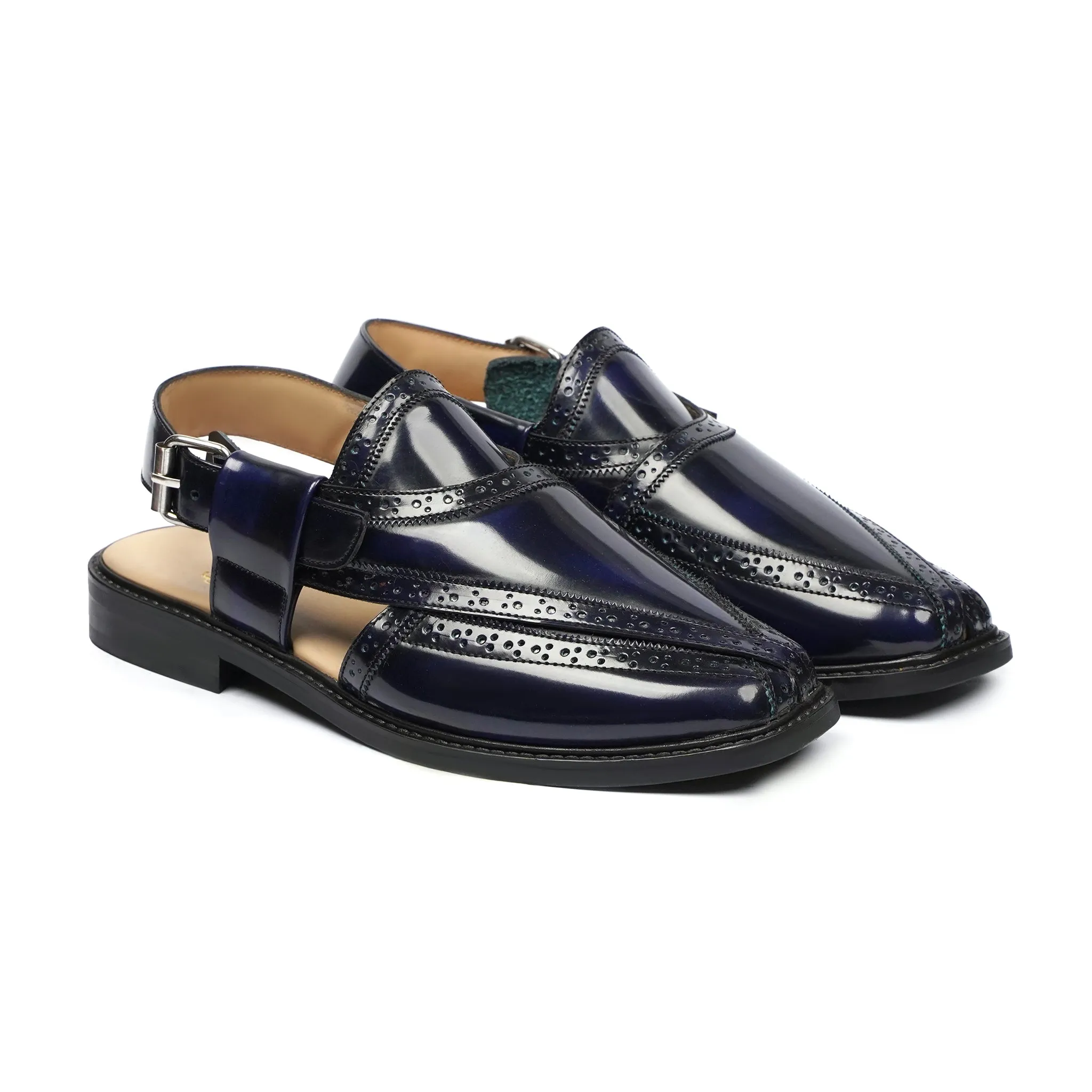 Rika - Men's Dark Blue Box Leather High Shine Sandal