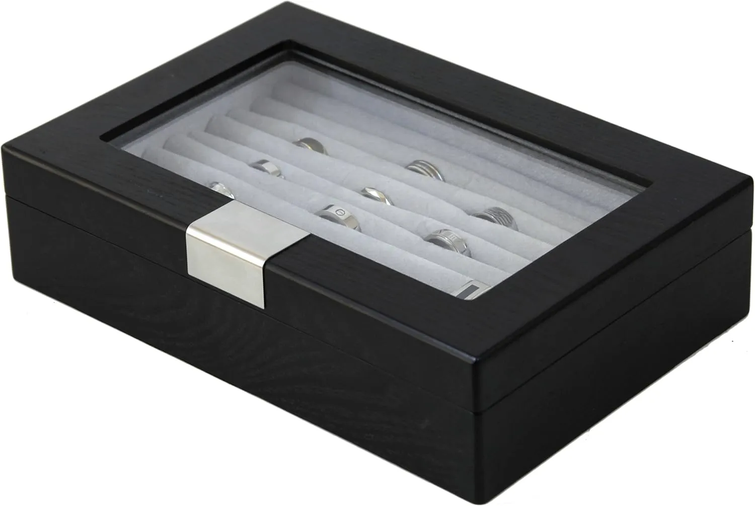Ring Cuff Link Box Storage Wood Glass Window Engravable Plate (Black)