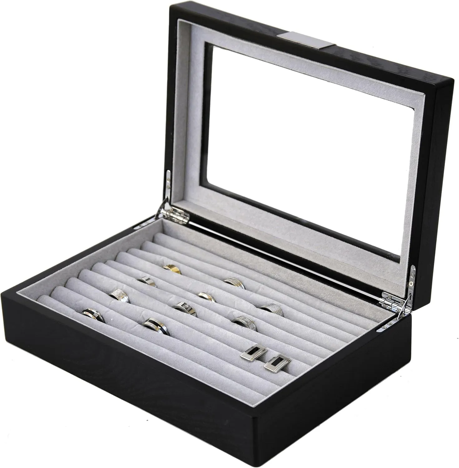 Ring Cuff Link Box Storage Wood Glass Window Engravable Plate (Black)