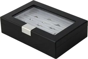 Ring Cuff Link Box Storage Wood Glass Window Engravable Plate (Black)
