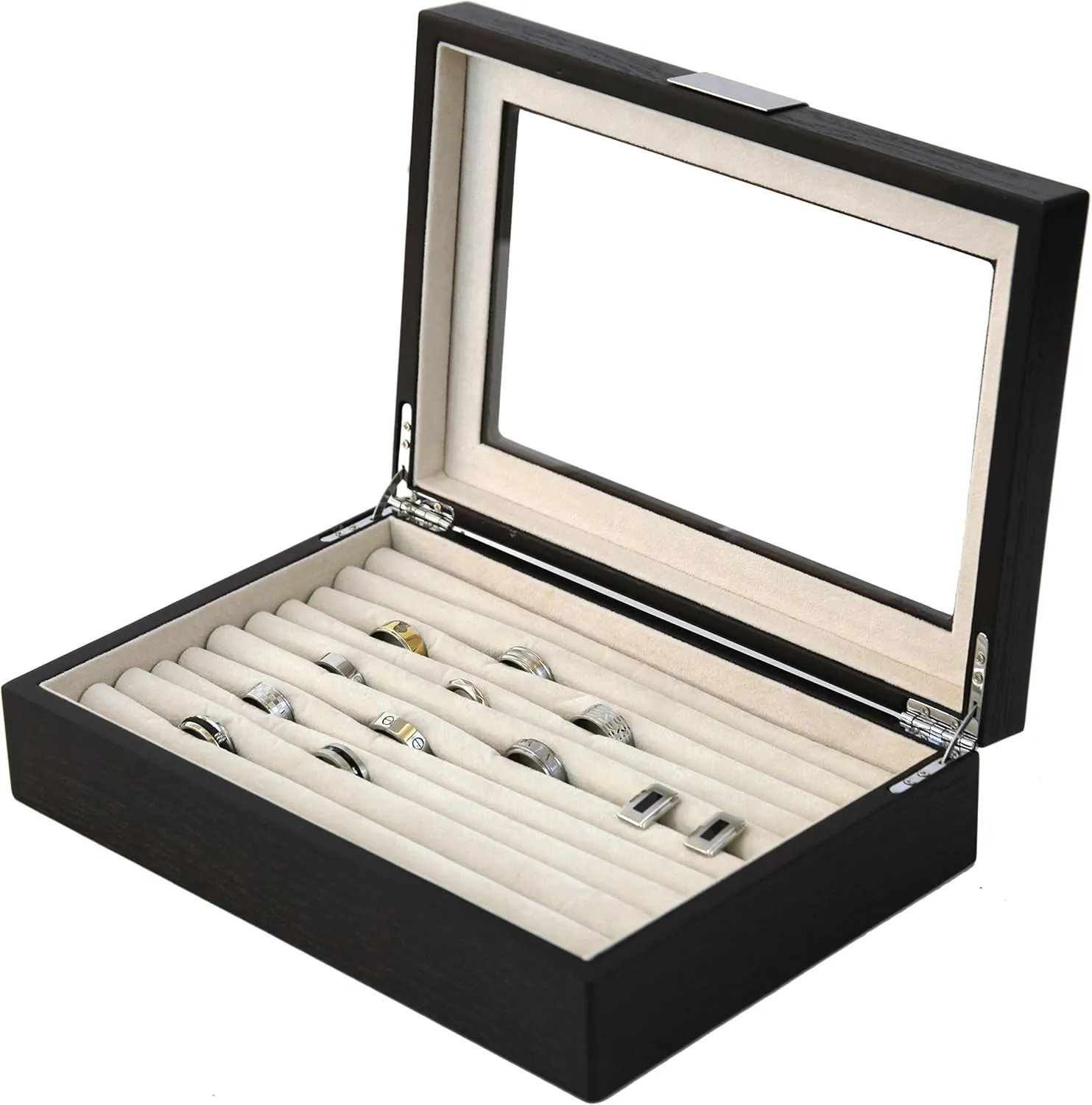 Ring Cuff Link Box Storage Wood Glass Window Engravable Plate (Brown Espresso)