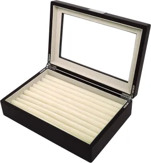 Ring Cuff Link Box Storage Wood Glass Window Engravable Plate (Brown Espresso)