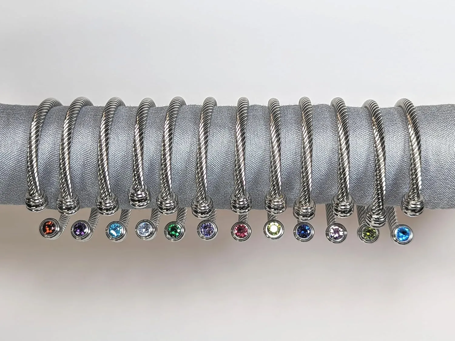 Rope bangle birthstone bracelet with 2 gemstones, choose from 12 simulated gemstones, adjustable fit, elegant style