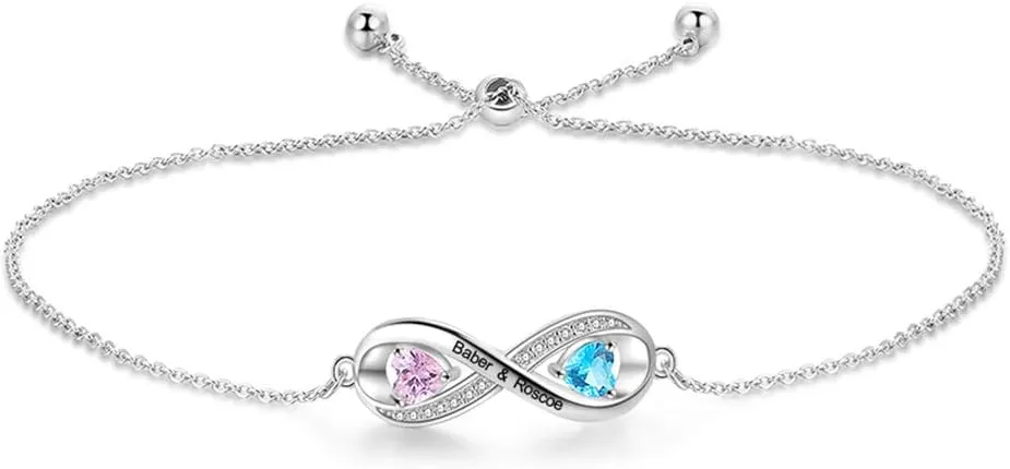 ROSI Personalized Womens Bracelets for Friends Customized 2 Simulated Birthstones Anklet Bracelets for Mothers BFF Adjustable Bracelets for Daily Reminder (Silver-Infinity,22 5.5cm for bracelet)