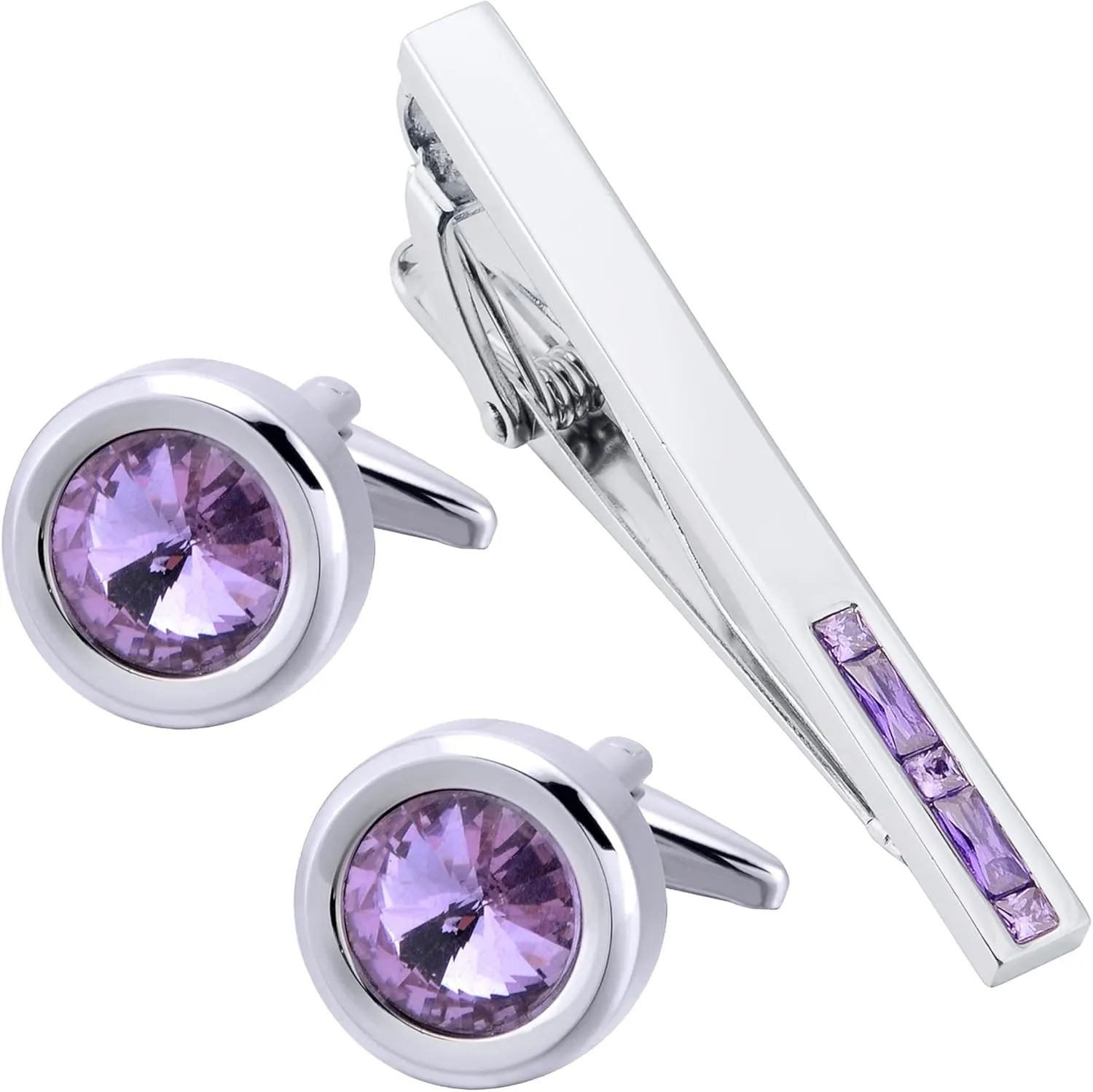 Round Diamond Cutting Crystal Men Cufflinks and Tie Clip Set Regular Necktie Tie Pin Cuff Links for Wedding Business Shirt Tie