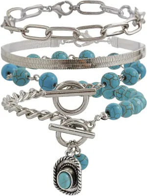 Rrdaily Boho Layered Turquoise Beads Bracelets Set for Women Stackable Paperclip Herringbone Chain Bangles Trendy Charm Beaded Bracelets Jewelry Gifts