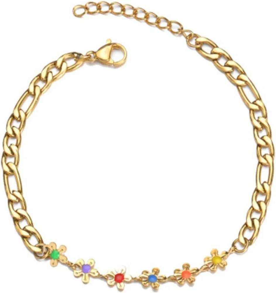 Rrdaily Stainless Steel Colorful Flower Heart Bracelets for Women, Personalized Bohemian Adjustable Heart Bracelets Accessories Gifts