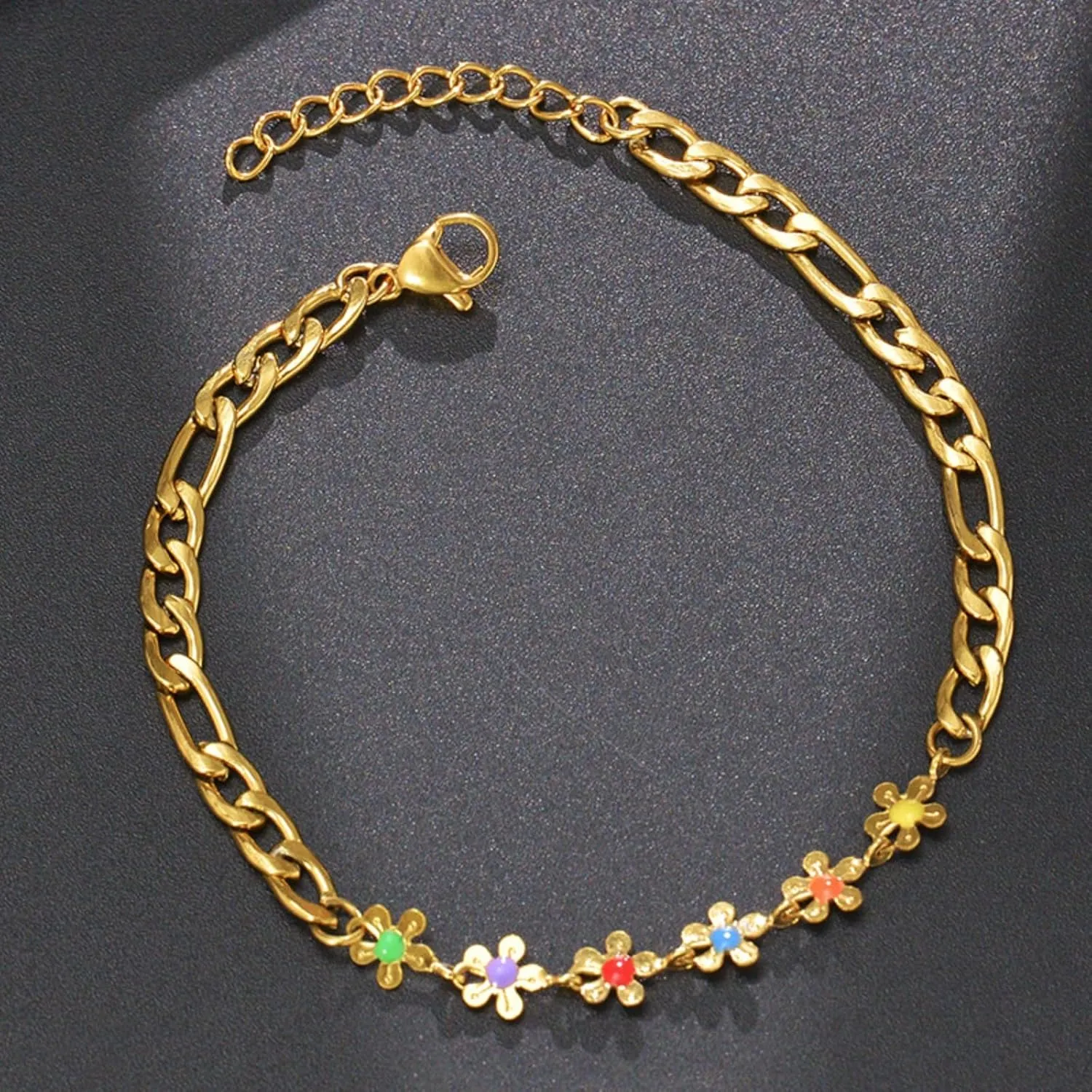 Rrdaily Stainless Steel Colorful Flower Heart Bracelets for Women, Personalized Bohemian Adjustable Heart Bracelets Accessories Gifts