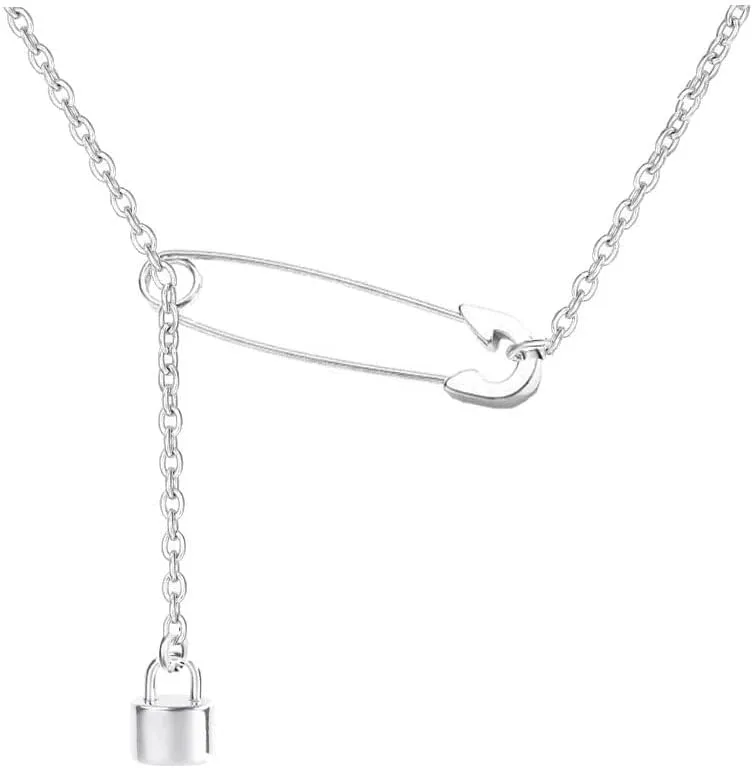 Safety Pin Necklace Silver Gold Paperclip Paper Clip Lock Lariat Necklace for Women Men Jewelry Gift