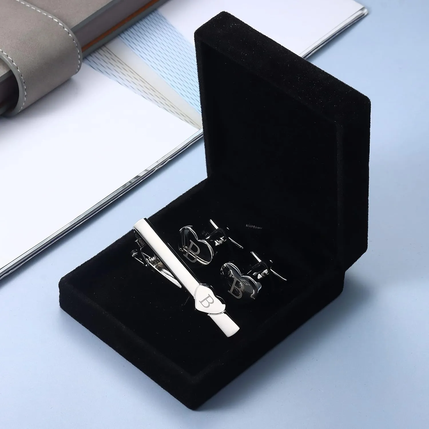 Sanfenly Cufflinks and Tie Clip for Men Set, Unique Heart Initial Cuff Links and Tie Bar Clip Personalized Alphabet Letter A-Z Cuff Links/Tie Clip Set with Box Anniversary Groomsmen Gift