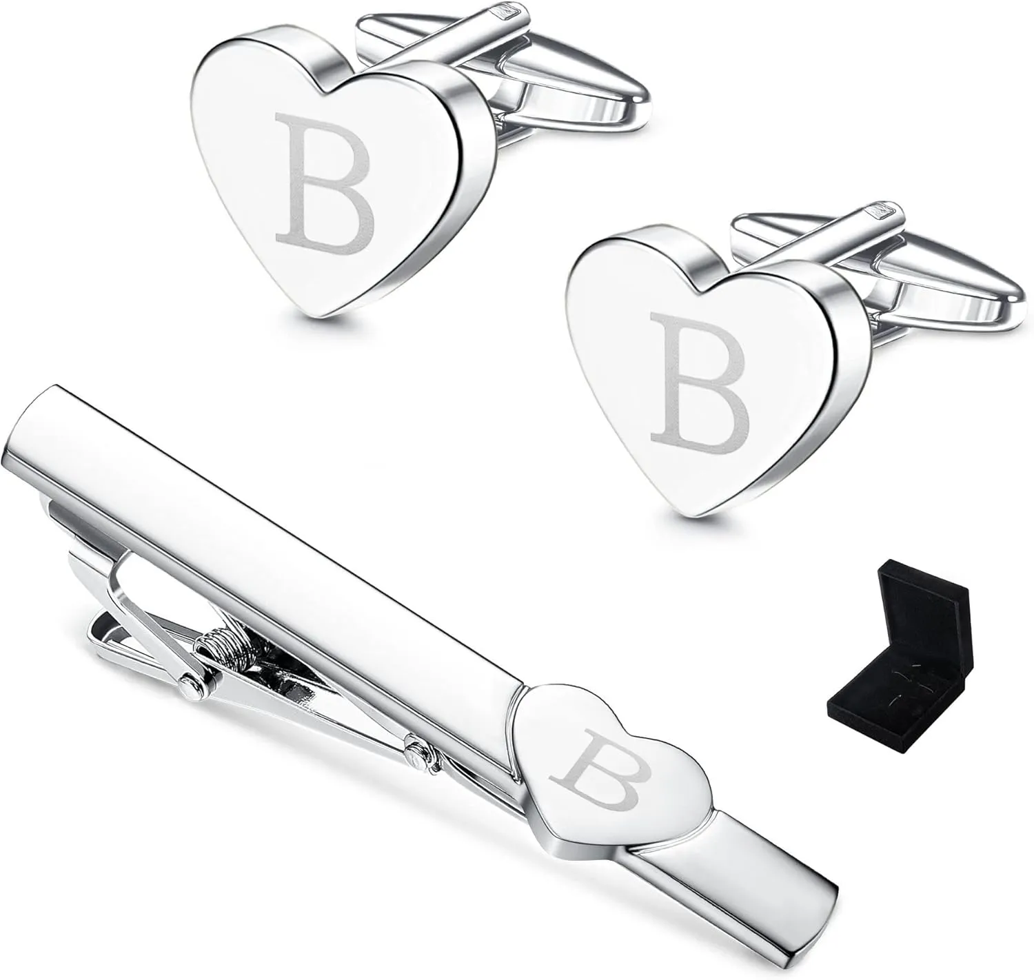 Sanfenly Cufflinks and Tie Clip for Men Set, Unique Heart Initial Cuff Links and Tie Bar Clip Personalized Alphabet Letter A-Z Cuff Links/Tie Clip Set with Box Anniversary Groomsmen Gift