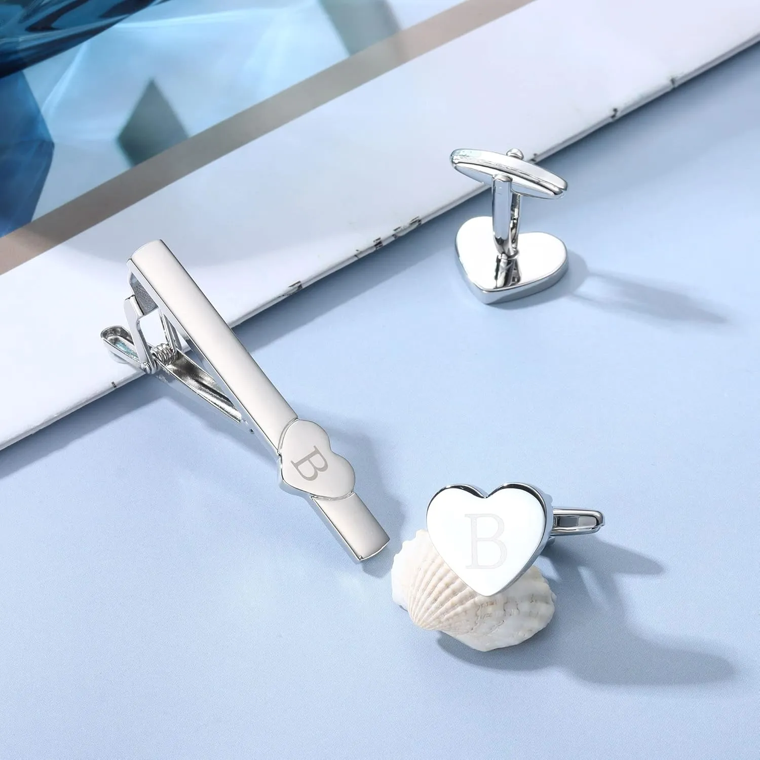 Sanfenly Cufflinks and Tie Clip for Men Set, Unique Heart Initial Cuff Links and Tie Bar Clip Personalized Alphabet Letter A-Z Cuff Links/Tie Clip Set with Box Anniversary Groomsmen Gift