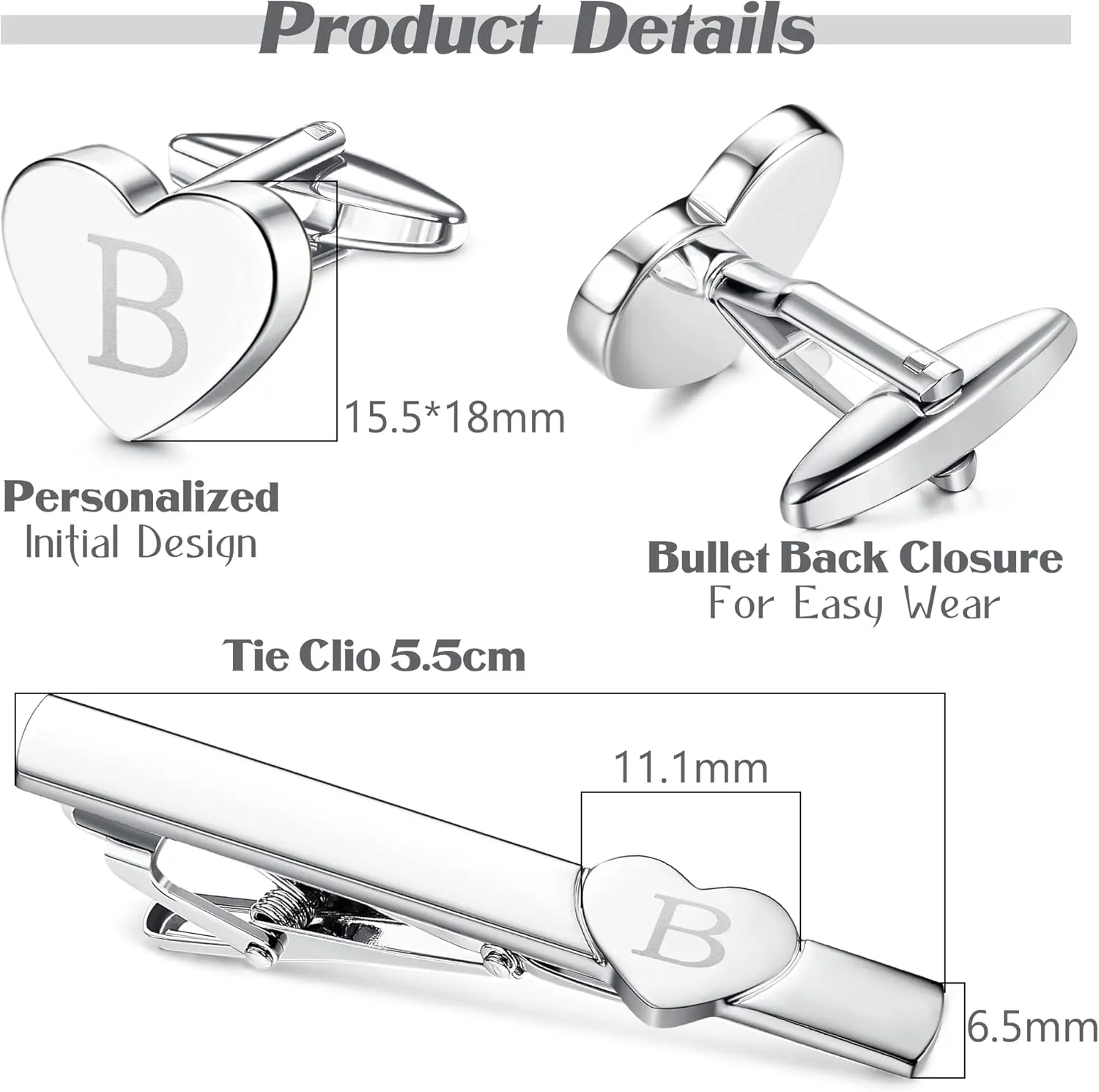 Sanfenly Cufflinks and Tie Clip for Men Set, Unique Heart Initial Cuff Links and Tie Bar Clip Personalized Alphabet Letter A-Z Cuff Links/Tie Clip Set with Box Anniversary Groomsmen Gift