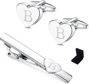 Sanfenly Cufflinks and Tie Clip for Men Set, Unique Heart Initial Cuff Links and Tie Bar Clip Personalized Alphabet Letter A-Z Cuff Links/Tie Clip Set with Box Anniversary Groomsmen Gift