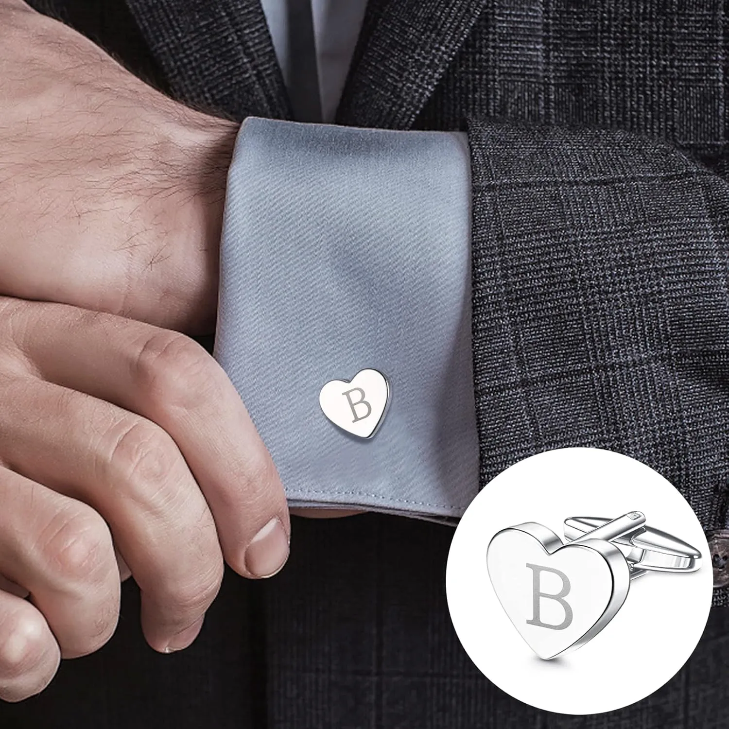 Sanfenly Cufflinks and Tie Clip for Men Set, Unique Heart Initial Cuff Links and Tie Bar Clip Personalized Alphabet Letter A-Z Cuff Links/Tie Clip Set with Box Anniversary Groomsmen Gift