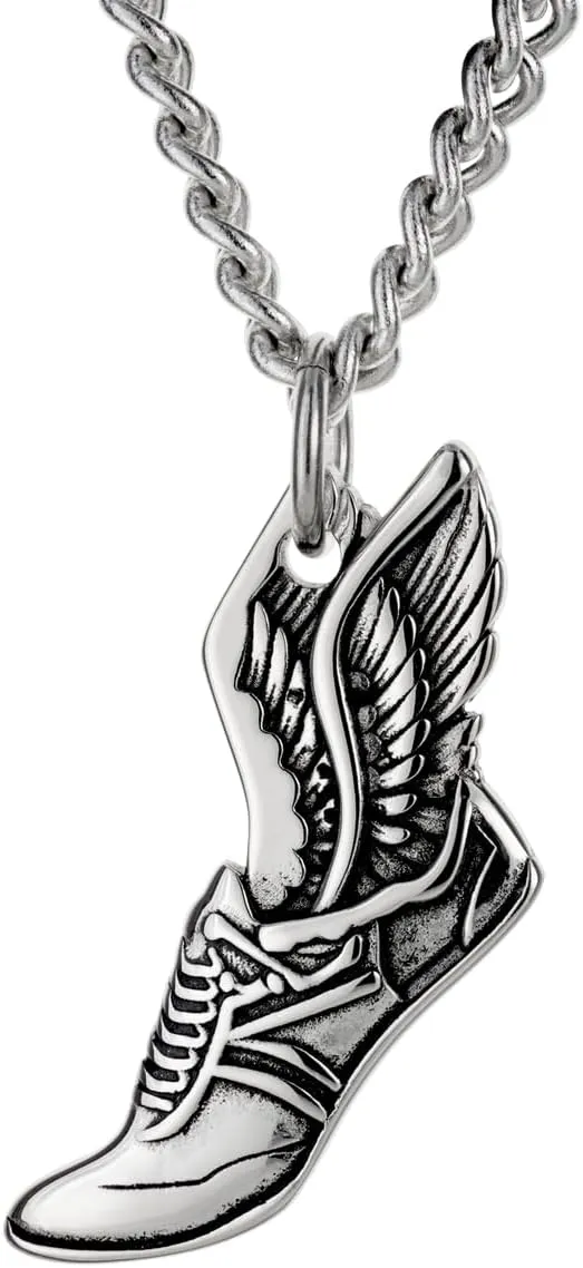 Shields of Strength Women's Stainless Steel Winged Track Shoe Philippians 4:13 Necklace Pendant Cross Country Athletes Contemporary Faith Reminder